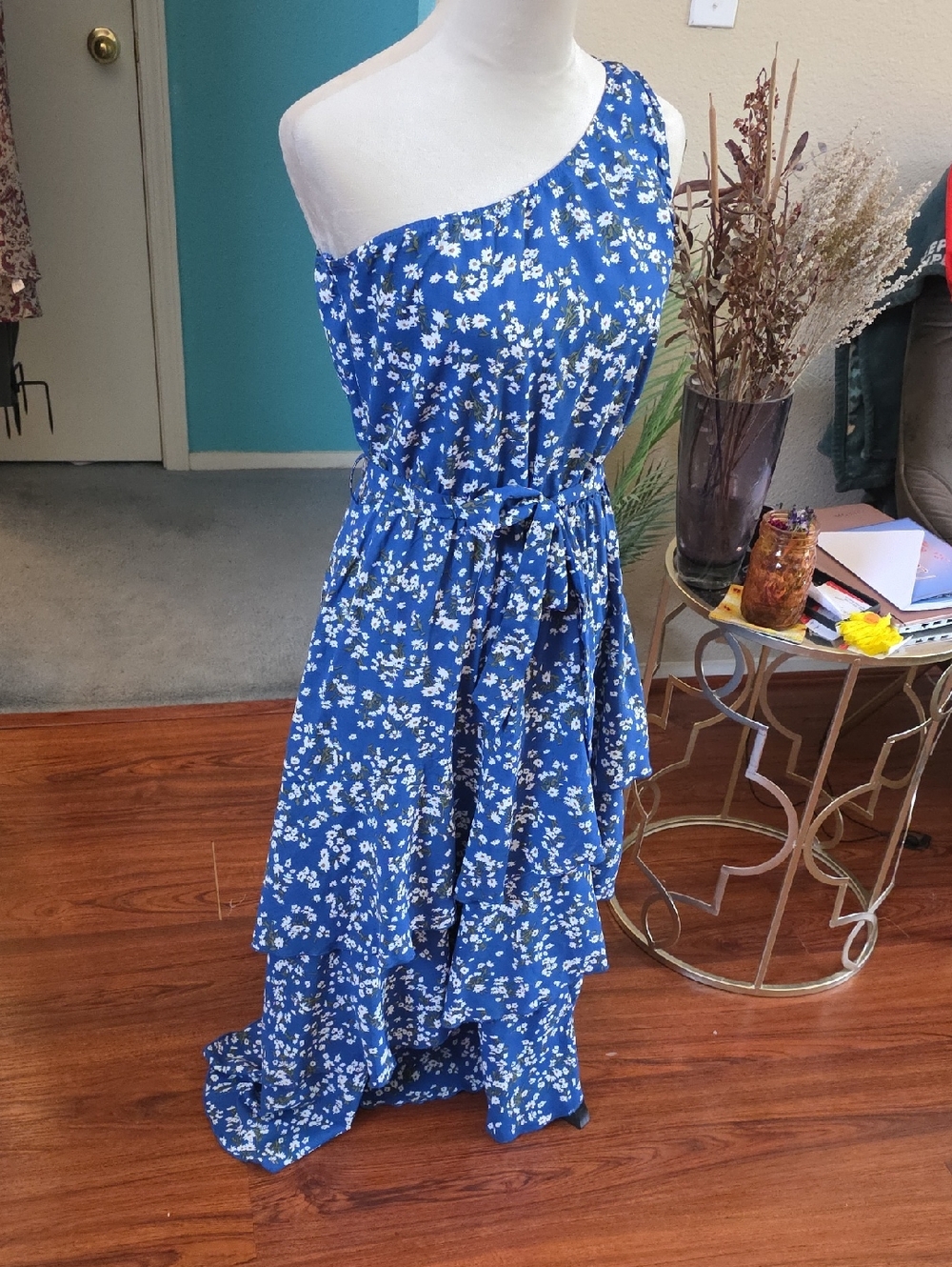 One-Shoulder Blue Floral Maxi Dress - Unbranded